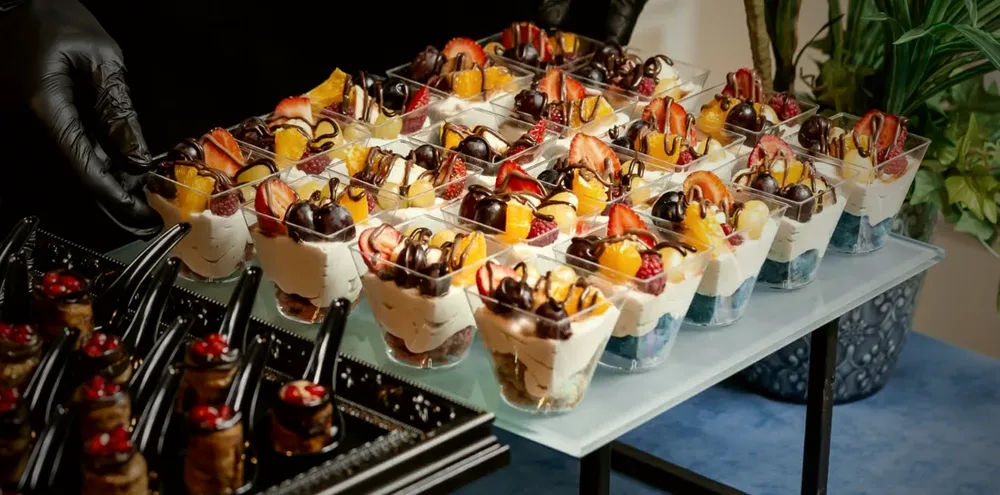 Plated dessert parfaits at an evening event