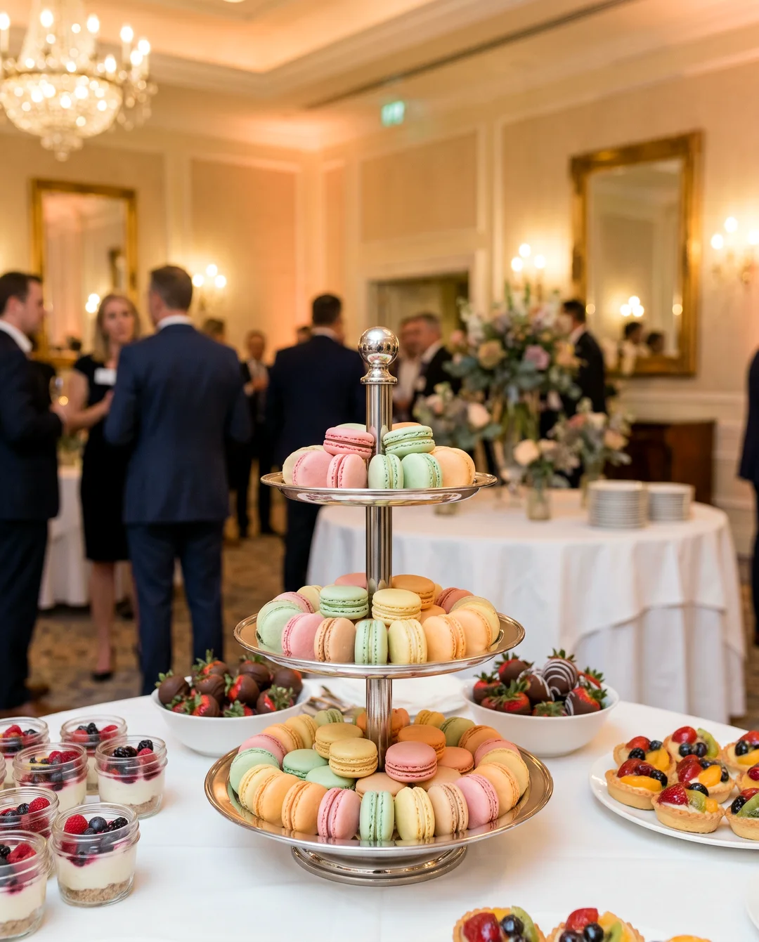 Tiered macaron and dessert display at an indoor corporate reception