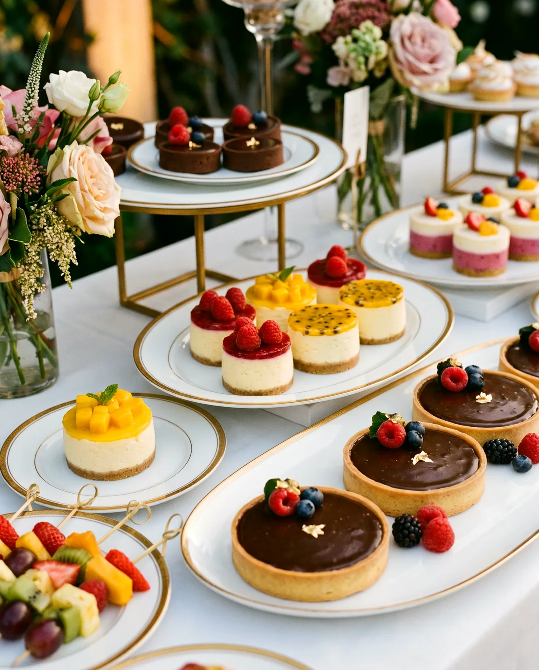 Colorful mini cheesecakes and fresh fruit desserts at a catering station