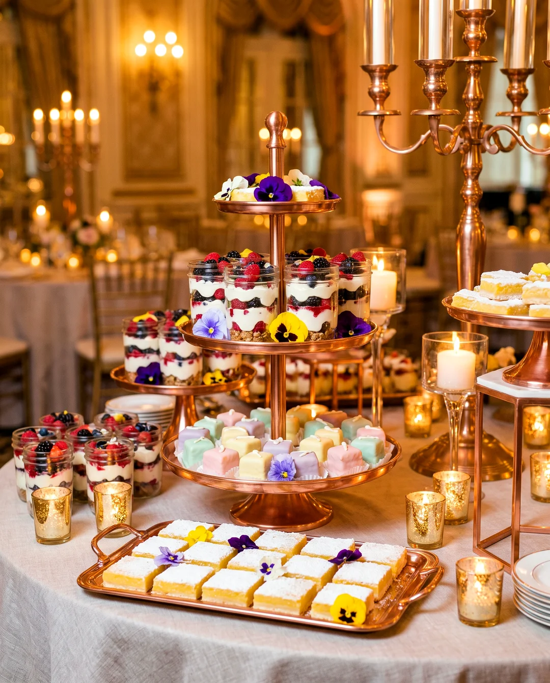 Tiered display of berry trifles, petit fours, and lemon bars