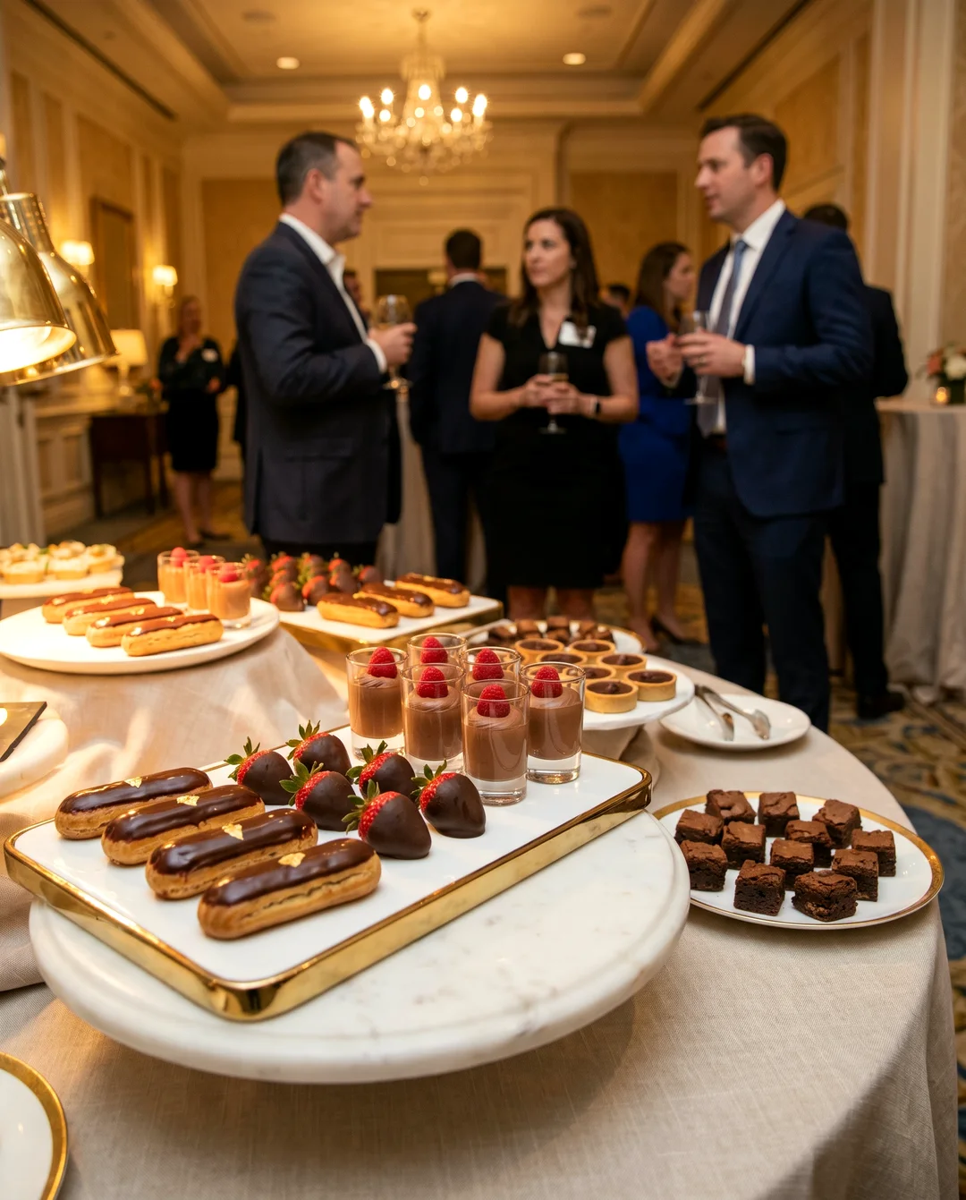 Gourmet chocolate dessert display with eclairs and dipped strawberries at an indoor corporate event