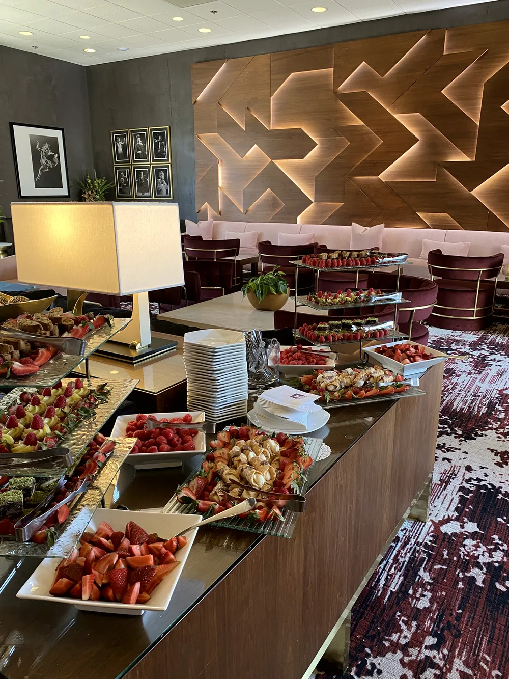 Buffet spread in a warm lounge setting